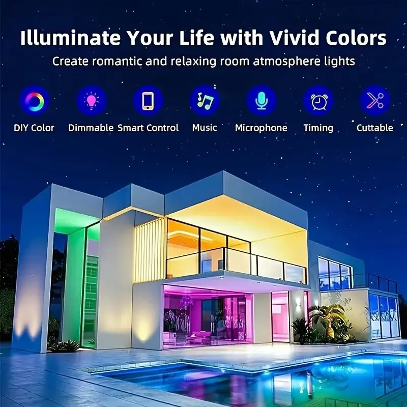 Outdoor Waterproof Led RGB Strip Lights 10M 30M 50M Music Sync Bluetooth App RGB Rope Light For Balcony Deck Roof Garden Pool