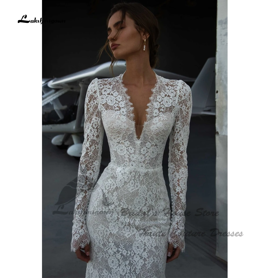 Lakshmigown Vintage Spitzen-Meerjungfrauen-Hochzeitskleid 2026, ziviles, langärmeliges Boho-Brautkleid mit V-Ausschnitt, maßgeschneidert – Detail 4