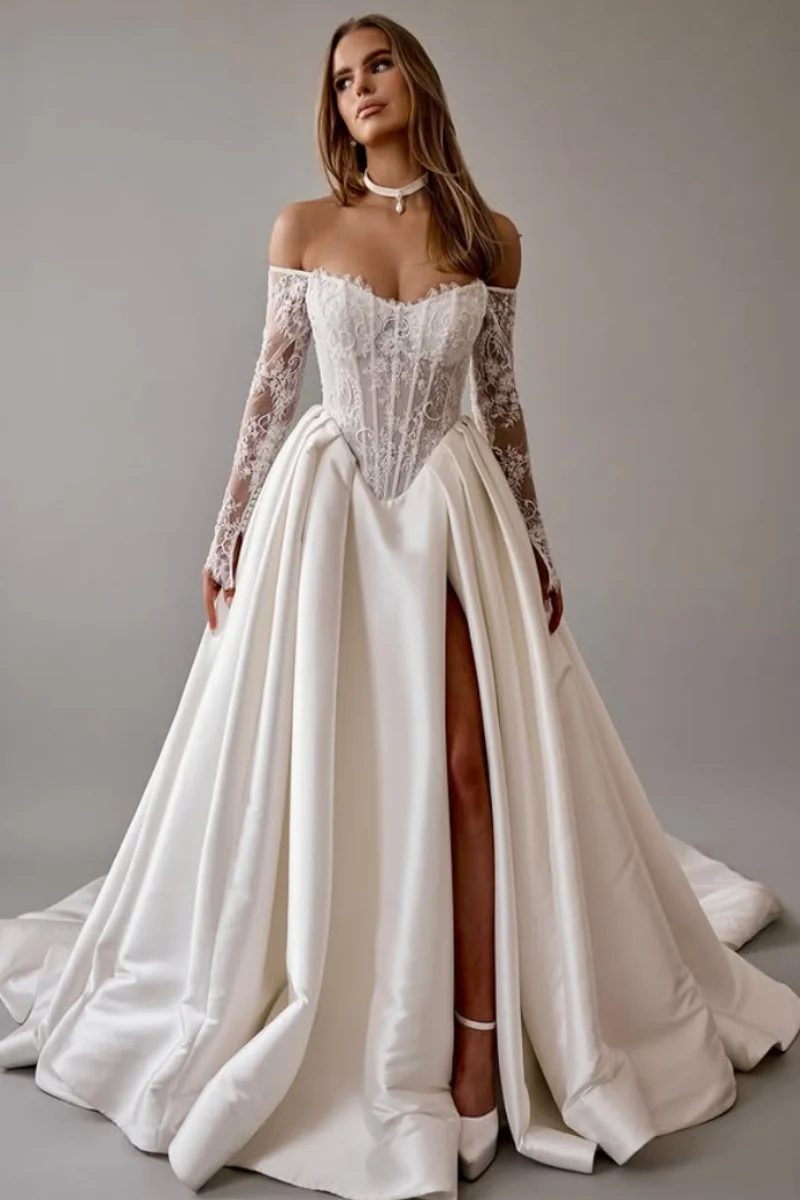 فساتين سهرة جيسيكا دانتيل مطرزة بأكمام طويلة من الساتان الأبيض فساتين لحضور الحفلات الموسيقية الفاخرة على شكل حرف a من فيستدوس دي فييستا مخصصة #3