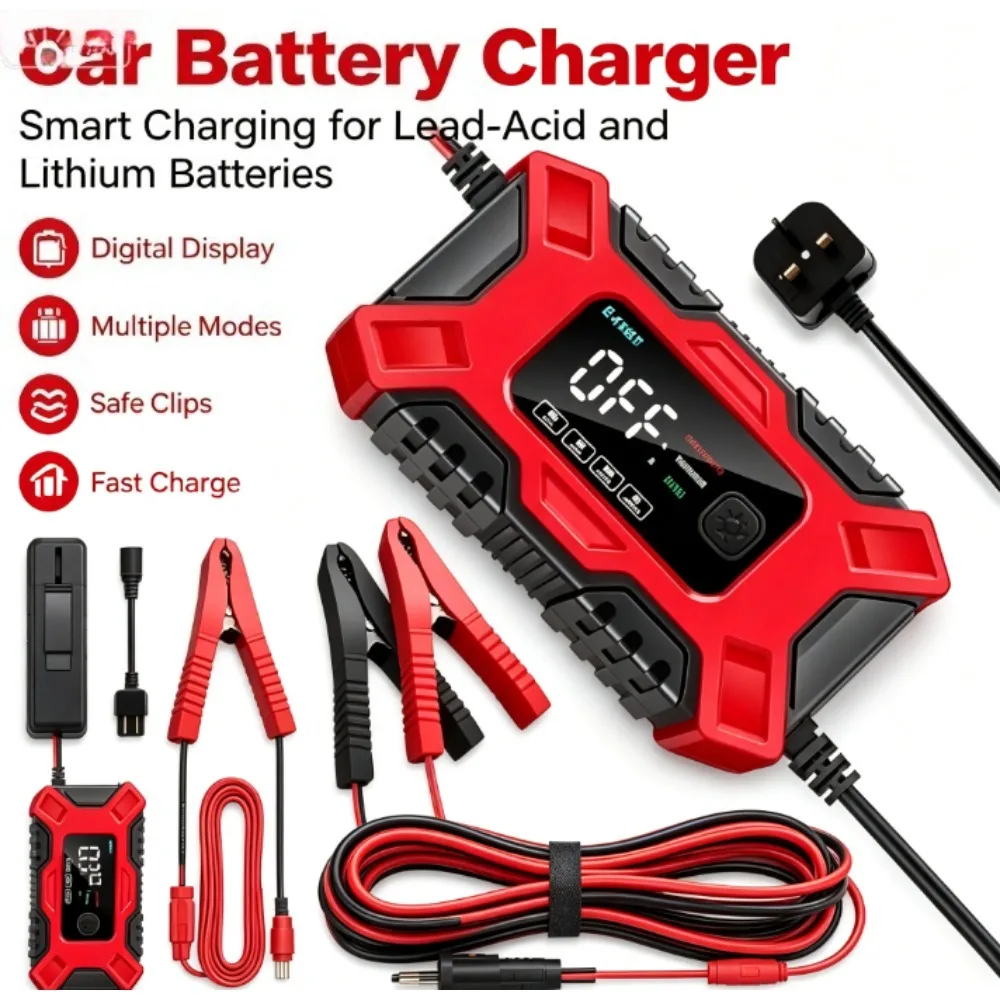Intelligentes Autobatterie-Ladegerät, 6V/12V Automatischer Batteriehalter mit LCD-Digitalanzeige, Intelligentes Impuls-Reparatur-Ladegerät für Auto, Motorrad, Rasenmäher, Boot, Blei-Säure-Batterien,