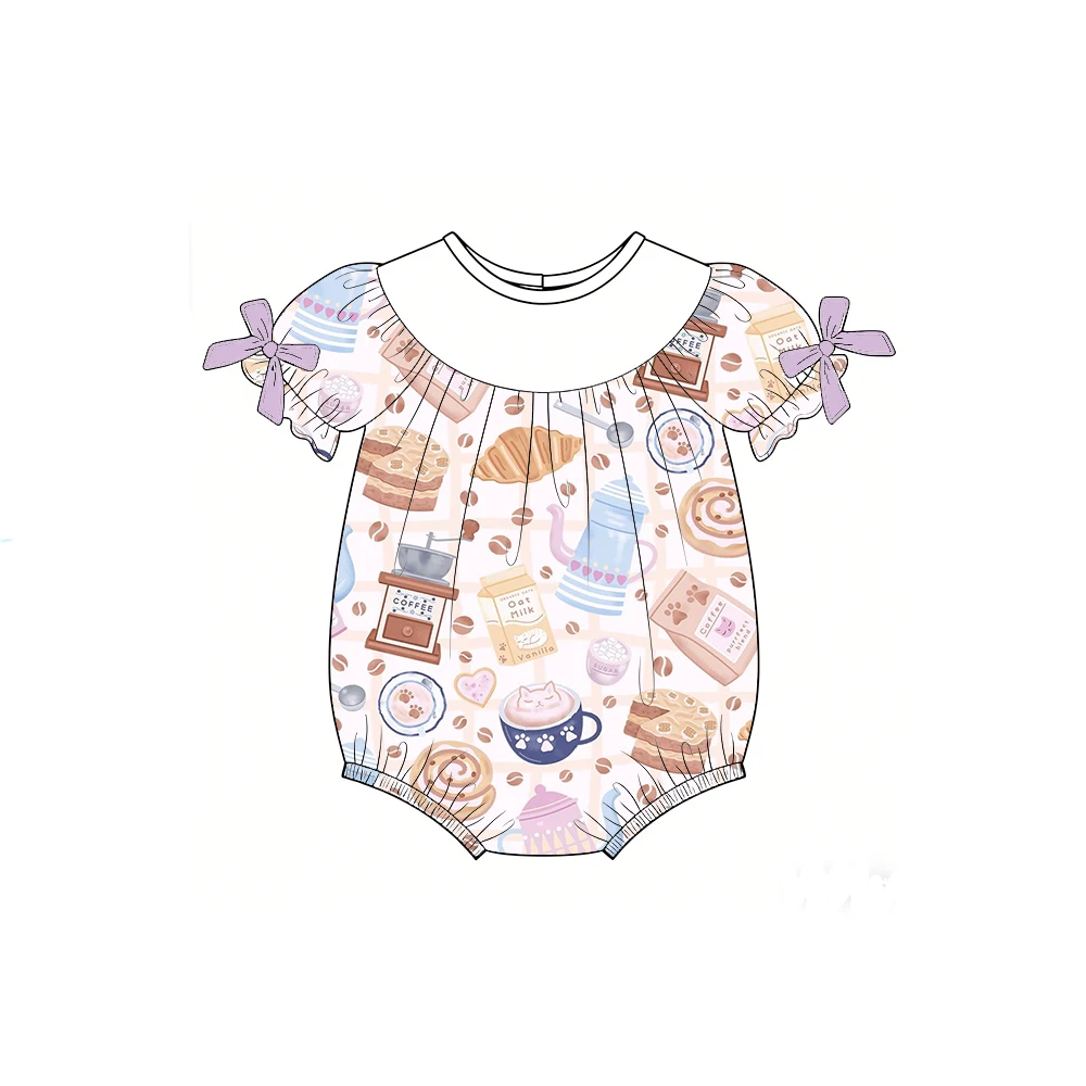 Boutique kid's rompers Customizable baby name romper puff sleeves bow decoration cakes & drinks print suitable kids wholesale