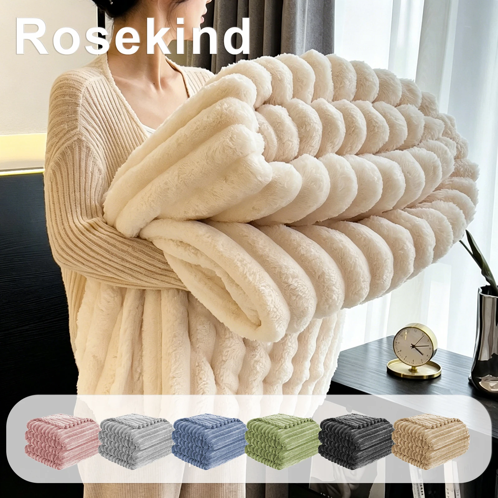 ROSEKIND Ultra Soft Faux Fur Rabbit Blanket with Stripped Designs, 300 GSM, 80*90 inch, Warm Thick for Bed Sofa Office and Camping, Available in Rich Colors, as Elegant Home Decor, Ideal for All Seasons, Durable And Multi-functional as Perfect Gift