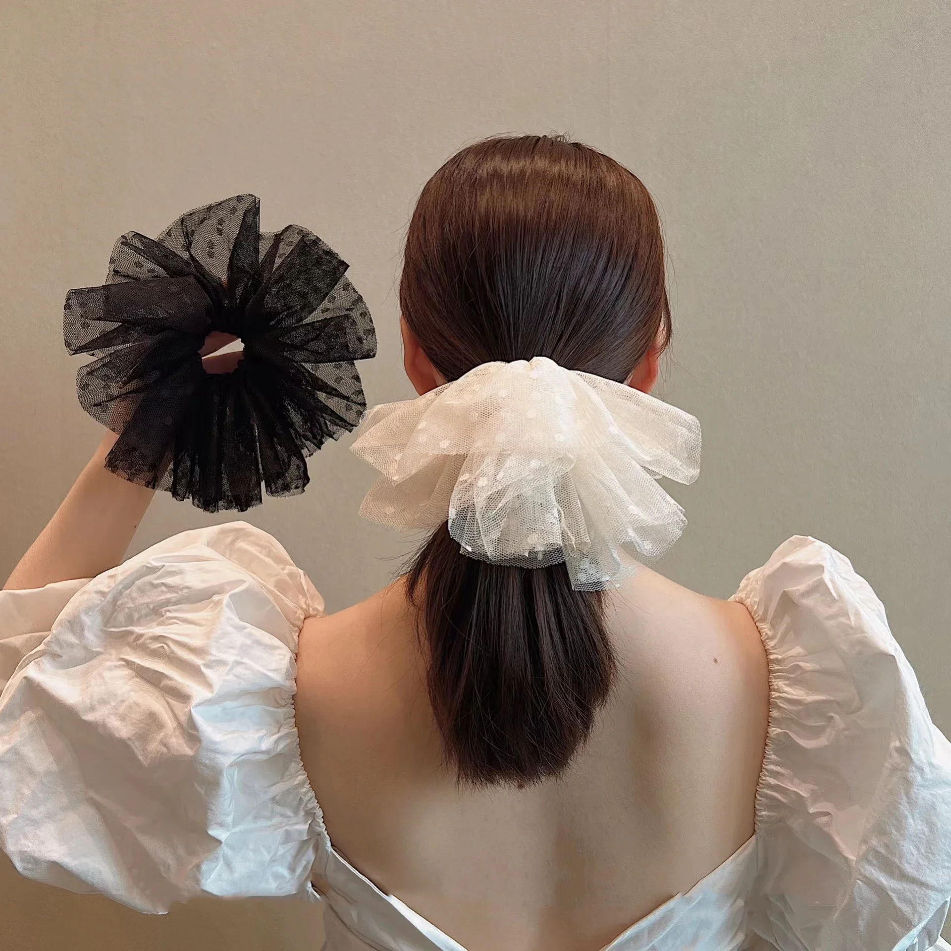 Lystrfac 1/2 sztuk Oversize Scrunchies koronkowa gumka do włosów siatka Dot duża gumka do włosów kobiece wysoka elastyczna gumka akcesoria do włosów — zdjęcie 2