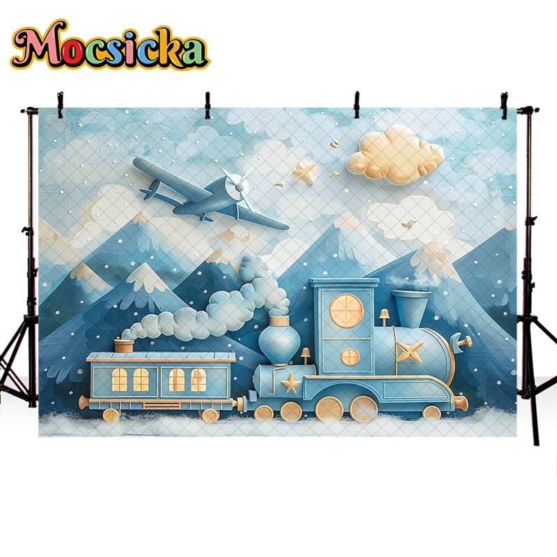 Mocsicka Photography Background Blue Fantasy Train Starry Sky Decor Cake Smash Birthday Kids Portrait Backdrop Photo Studio