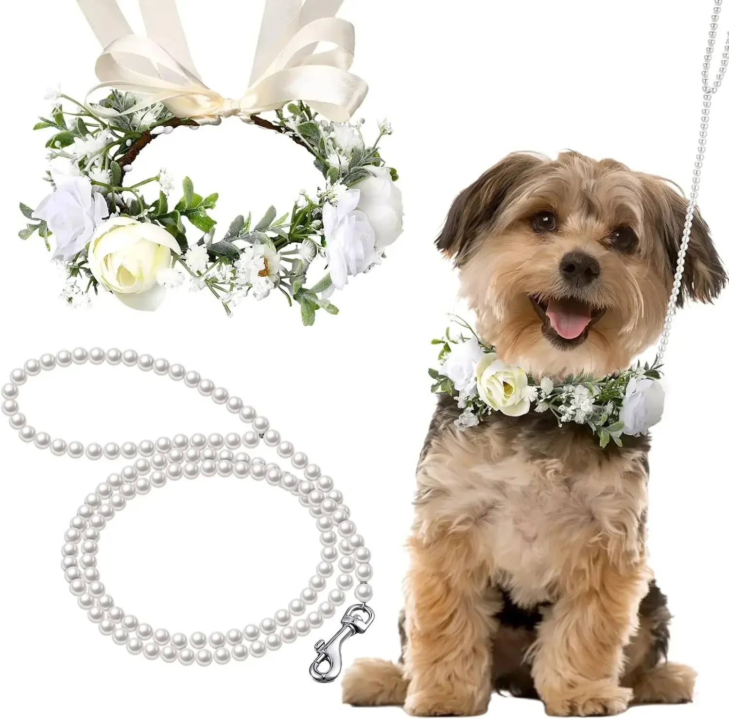 Ensemble collier et laisse fleur pour chien, perles perlées, colliers pour chien, tenue de mariage, couronne, accessoire photo pour animal de compagnie, 120 cm
