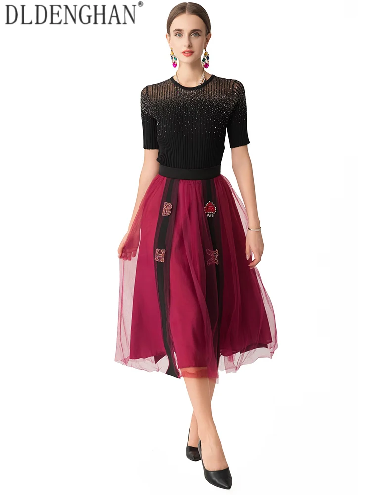 DLDENGHAN Women V-Neck Short Sleeves Elastic Waist Hotfix Rhinestone Design Spring Autumnal New model High Street 2-Piece