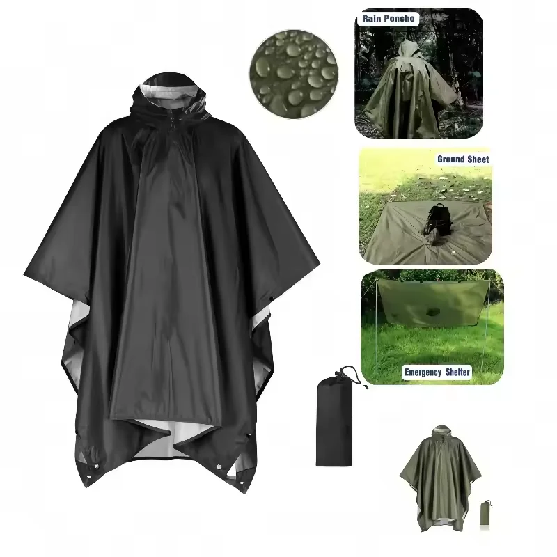 3-in-1 outdoor hiking raincoat tent military raincoat with hood and sleeves waterproof poncho motorcycle rain cover camping