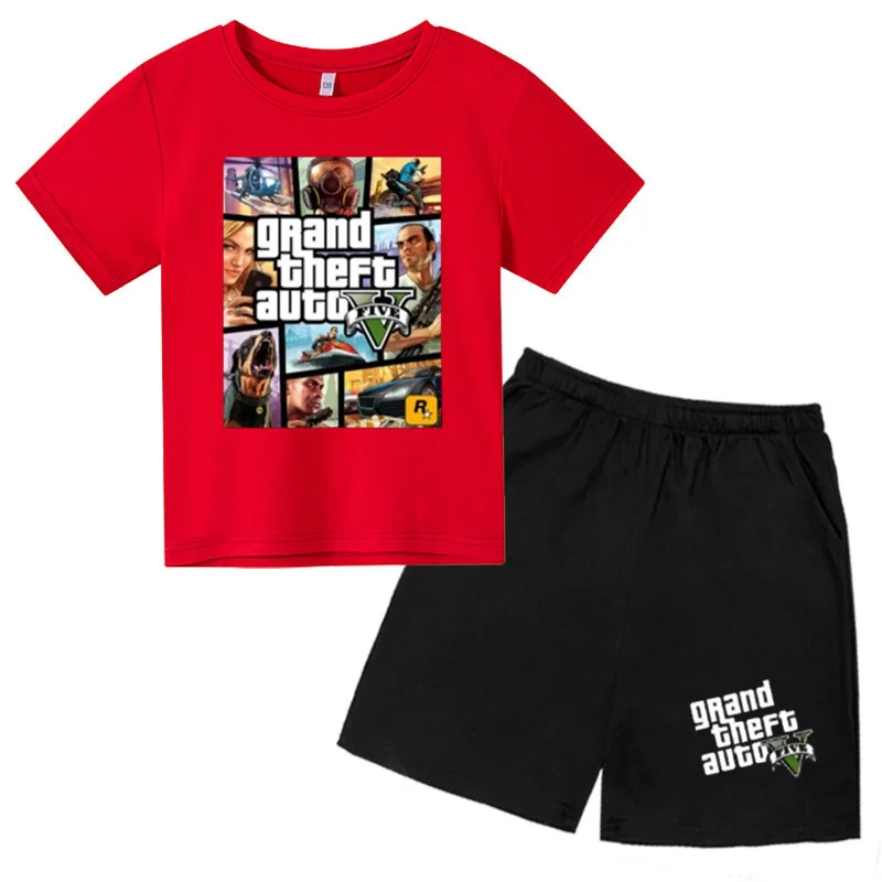 Camiseta y pantalones cortos Grand Theft Auto V GTA 5 para niños, ropa de ocio de moda, conjunto de cuello redondo para niños y niñas de 3 a 12 años