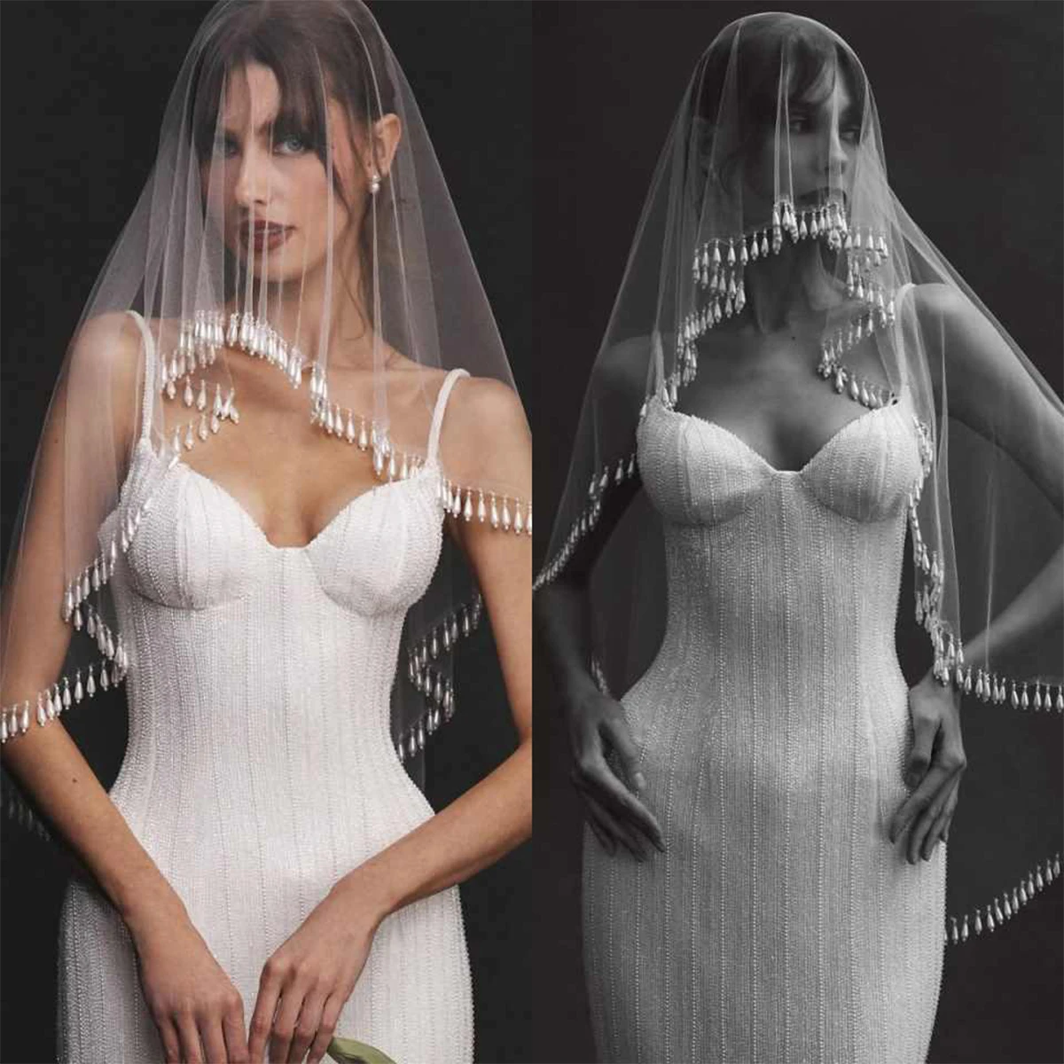 

Elegant One Layer Bride Wedding Waltz Veil Tulle Bridal Veil Headdress and Floral Appliques Customized