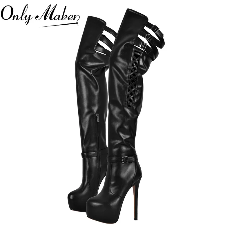 Onlymaker stivali sopra il ginocchio femminili tacco alto sottile nero opaco cerniera laterale moda donna stivali invernali alla coscia