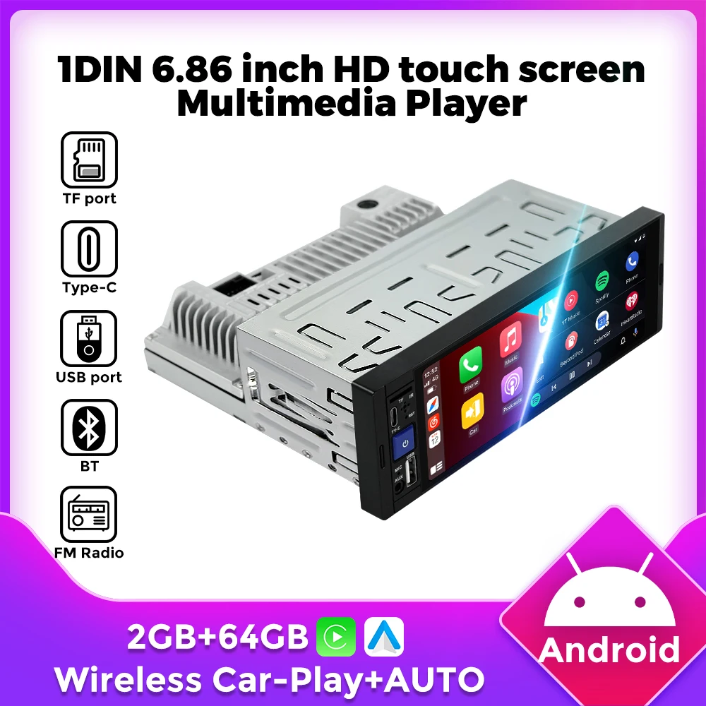 1Din 6.86 Inch Touch Screen Multimedia Video Player Carplay Android Auto Universal Car Radio FM Stereo BT Camera USB AUX TF port