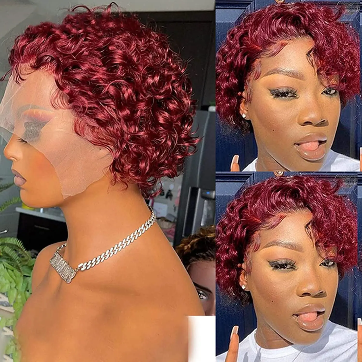 

13x4 Lace Frontal Pixie Cut Wig Human Hair Short Bouncy Curly Hair Wig for Black Women Pre Plucked 99J Burgundy Colored Bob Wigs