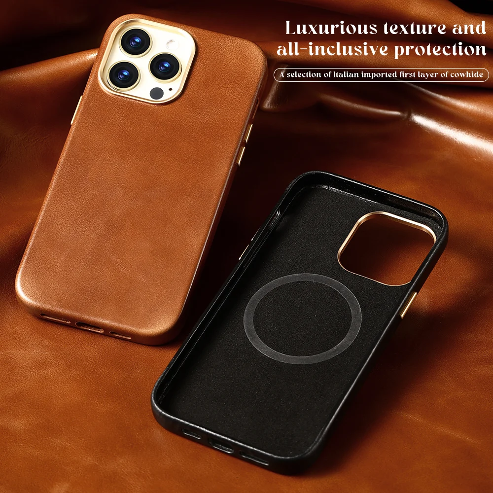 LANGSIDI Retro Handmade Oil Wax Genuine leather Magnetic case For Iphone 14 13 12 pro max 14pro 14 plus Luxury Magsafe case