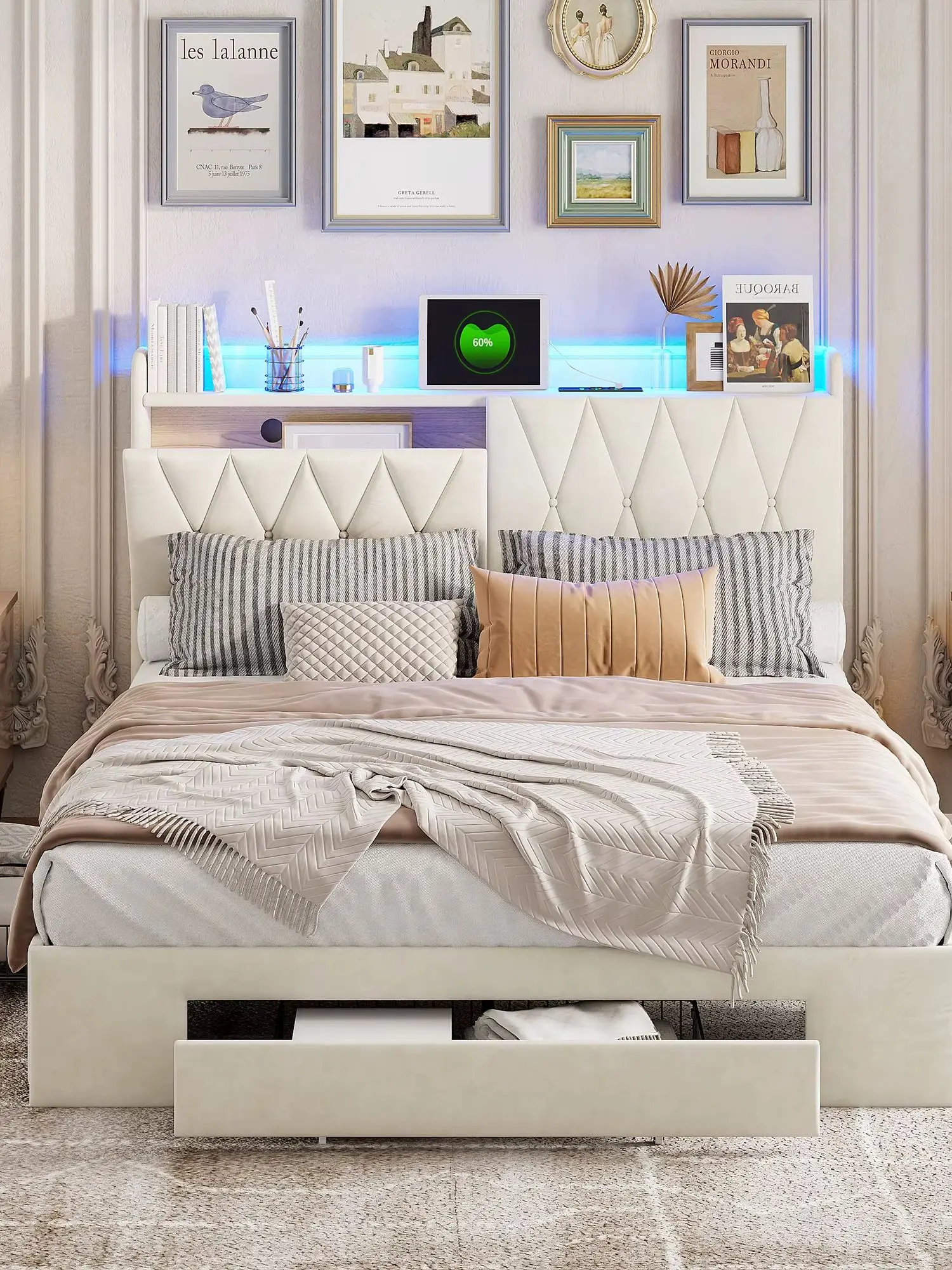 Polsterbett 160x200cm, Doppelbett mit 3 Schubladen und Stauraum Kopfteil, Stauraumbett Beige Samt mit Lattenrost, Jugendbett Funktionsbett, Bettgestell für Schlafzimmer Gästezimmer, Komfortbett für