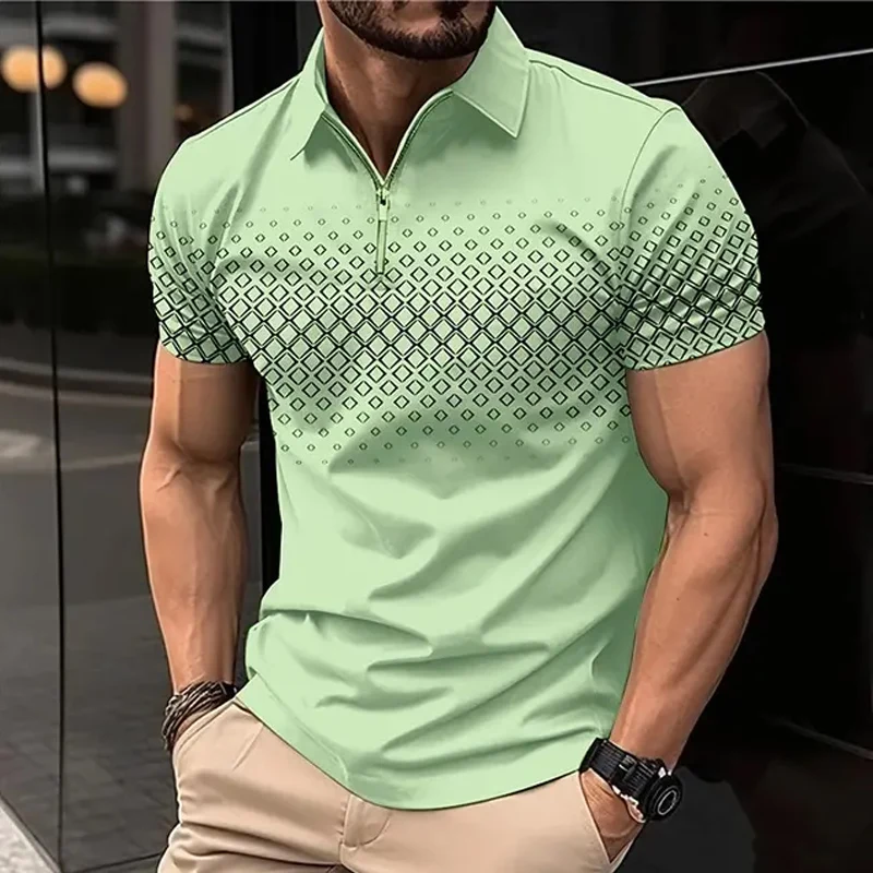 Men's Polo Shirt Zipper Polos Lapel Shirt Golf Shirt Prints Geometry Outdoor Street Short Sleeve Clothing