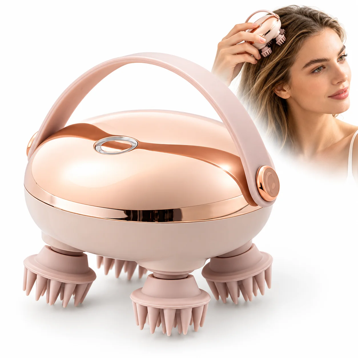 Electric Scalp Massager Head Scratcher with 3 Massage Modes 8 Interchangeable Silicone Heads USB Type C Rechargeable Handheld Body Massager for Hair Care Relaxation Neck Shoulders Back Adults Women Men Cats Dogs Portable Rose Gold One Button Easy Handling