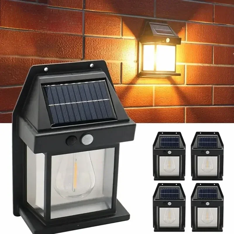 Outdoor Solar impermeável lâmpada de parede, indução lâmpada, tungstênio filamento, luz noturna,