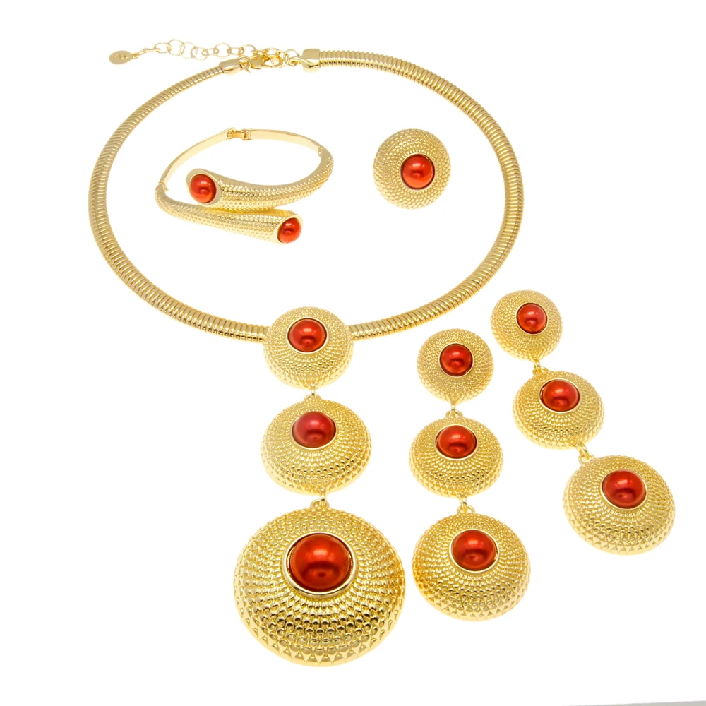 Fashion Women Necklace Jewelry Set Round Pendant Italian Gold Plated Earrings Necklace Party Woman Gift