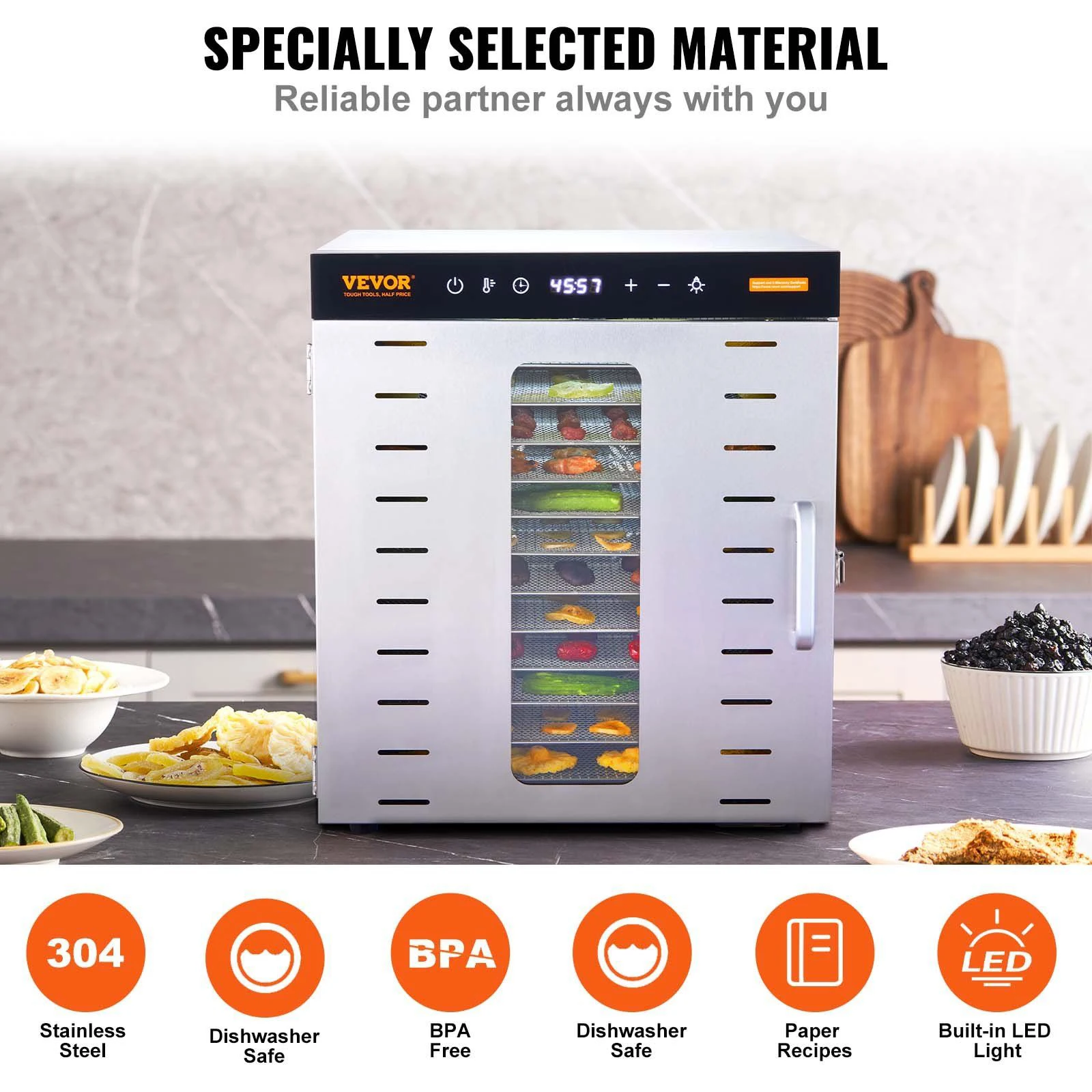 10 صواني من الفولاذ المقاوم للصدأ آلة تجفيف الطعام 1000 واط مجفف طعام كهربائي مع مؤقت رقمي قابل للتعديل ودرجة الحرارة لـ Jerky #3