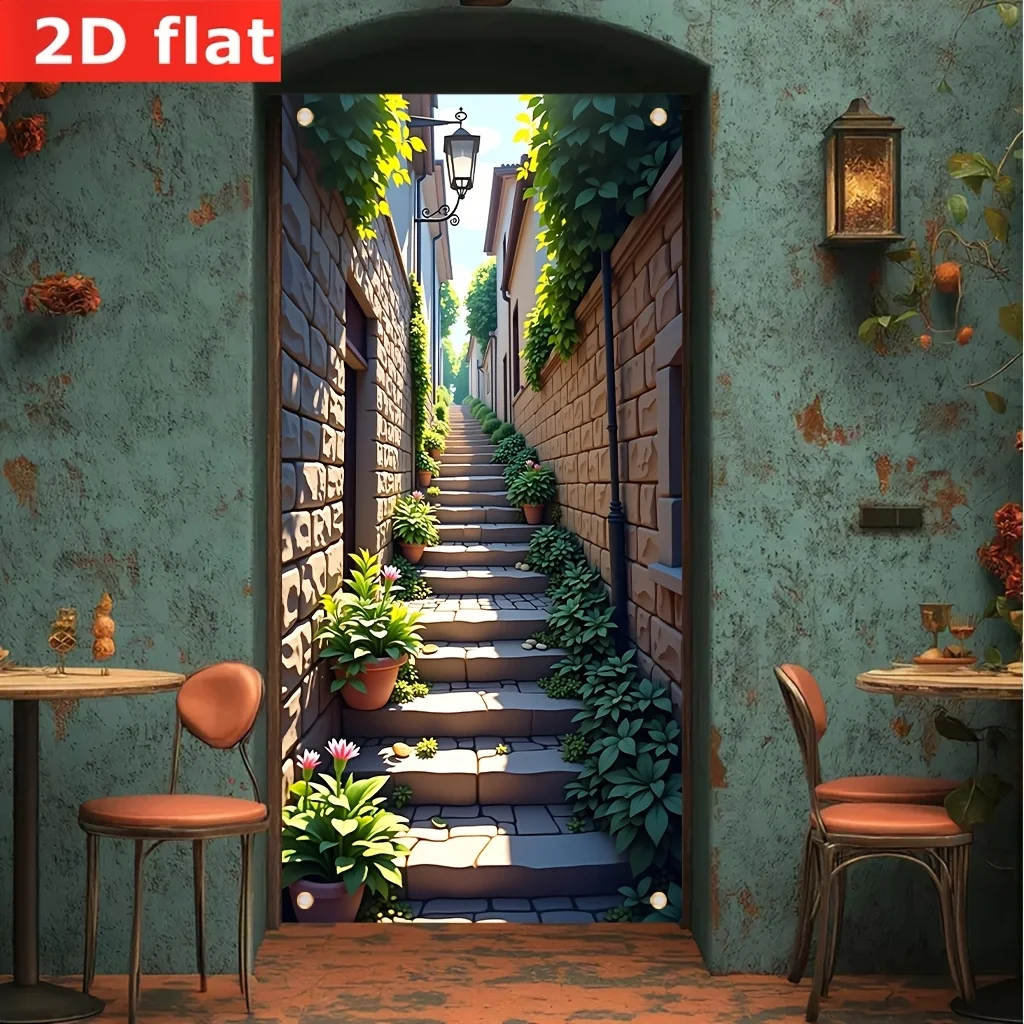 2D flat banner 1pc，Staircases leading to the building; decorative curtain designs for interior and exterior art deco doors