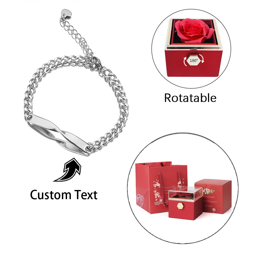 

INFINITY ENGRAVED BRACELET SET With Rotating Roses Box Laser Engraved Name Bracelet Valentine's Day Gift for Best Friend Jewelry