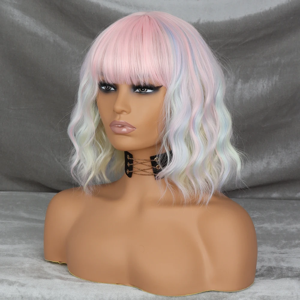 Werd Korte Bob Body Wave Synthetische Pruiken Voor Vrouwen Cosplay Pruik Met Roze Pony Synthet Natuurlijke Haar Lolita