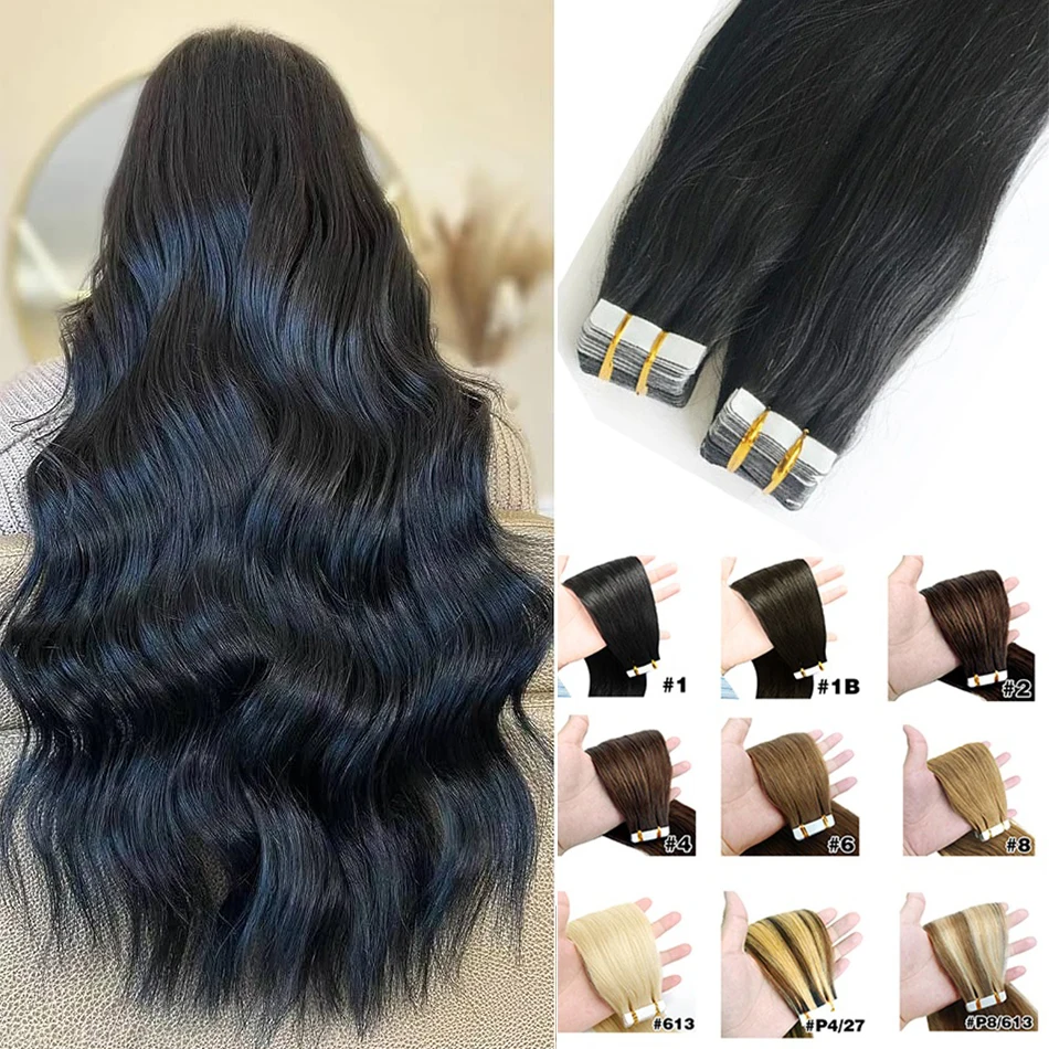 Invisible Skin Weft Straight Tape In Hair Extensions 20 22 24 26'' Remy Human Hair Adhesive Natural Blonde Hairpiece for Women