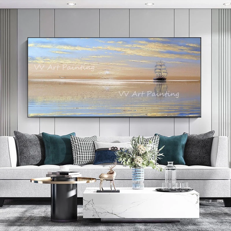 

New Design 100% handmade ocean seaside thick knife landscape with sailboat and sunset Oil painting Simple Design Wall Art gift