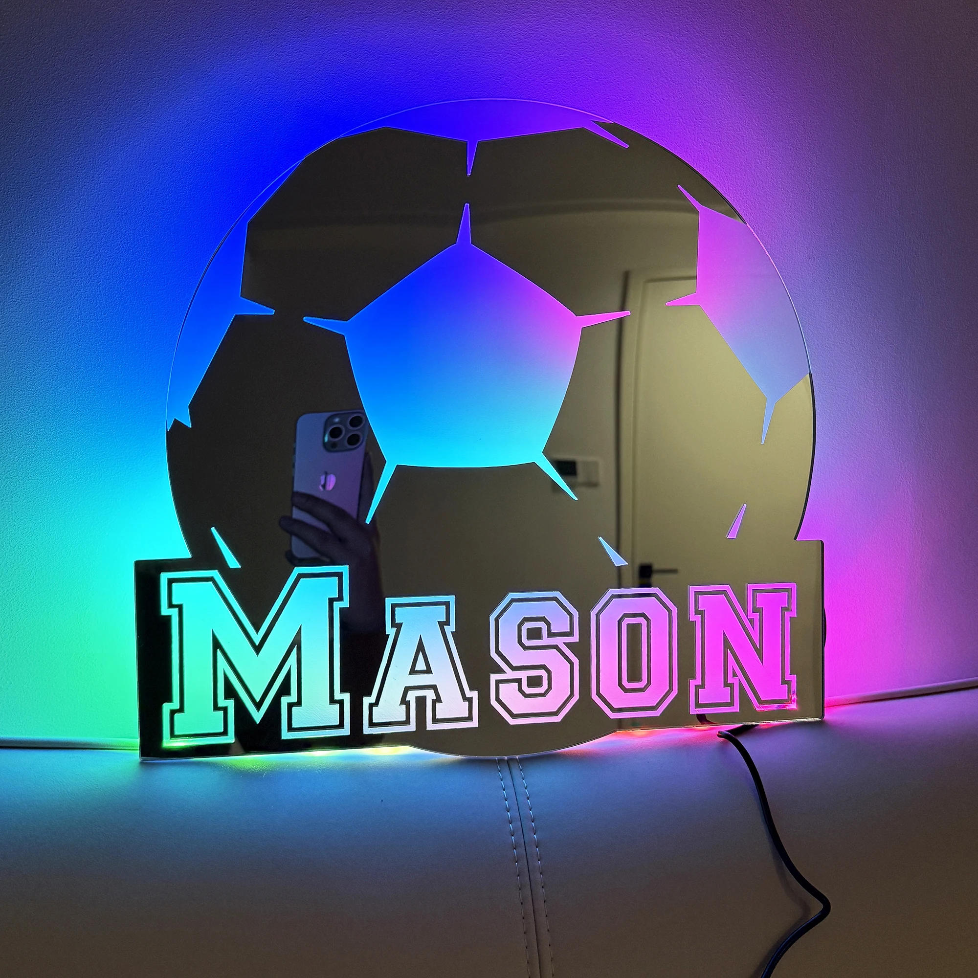 Custom LED Sports Jersey Mirror Light - Engravable Vanity Desk Decor, Unique Birthday Gift for Football Fans & Sports Lovers