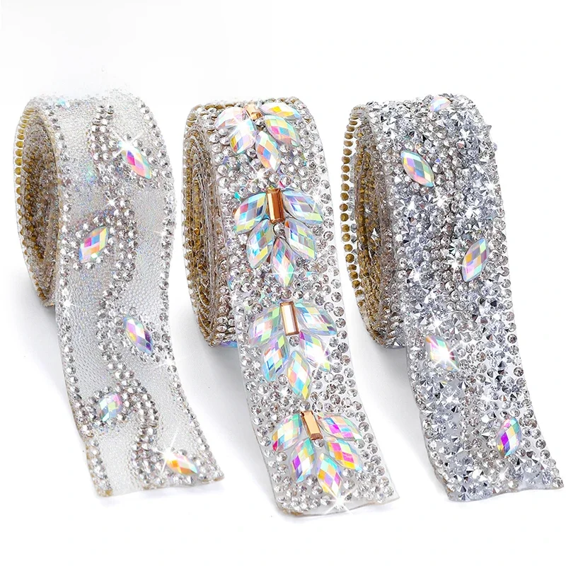 1-yardowy motyw kryształowy Strass Hot Fix Rhinestone Szycie taśmy wykończeniowej Aplikator wstążki z dżetów Żelazko na aplikacjach do sukienek — zdjęcie 2