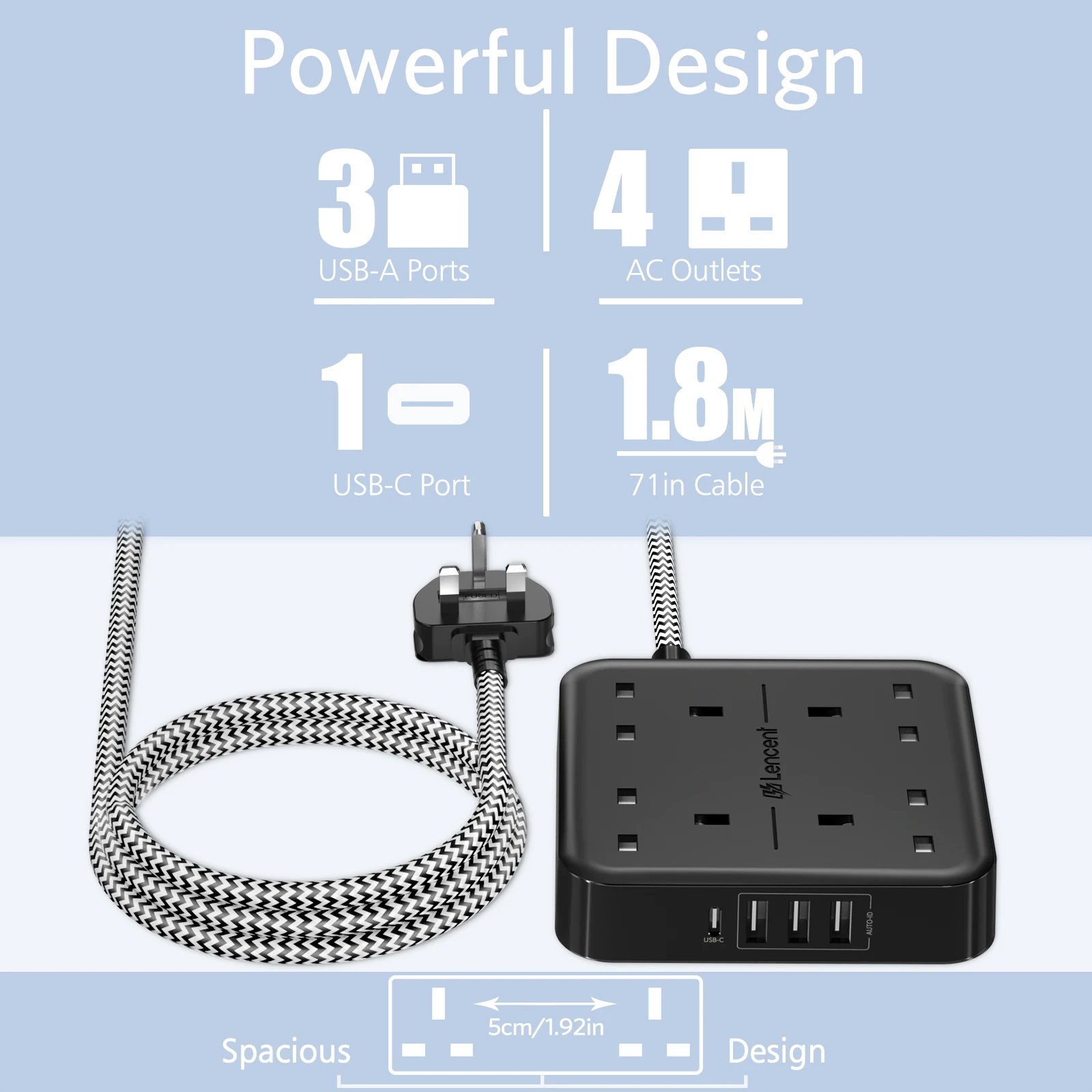 LENCENT UK Plug Power Strip with 4 AC Outlet 3 USB 1 Type C Multi Power Plug Extension with1.8M Braided Extension Cord for Home