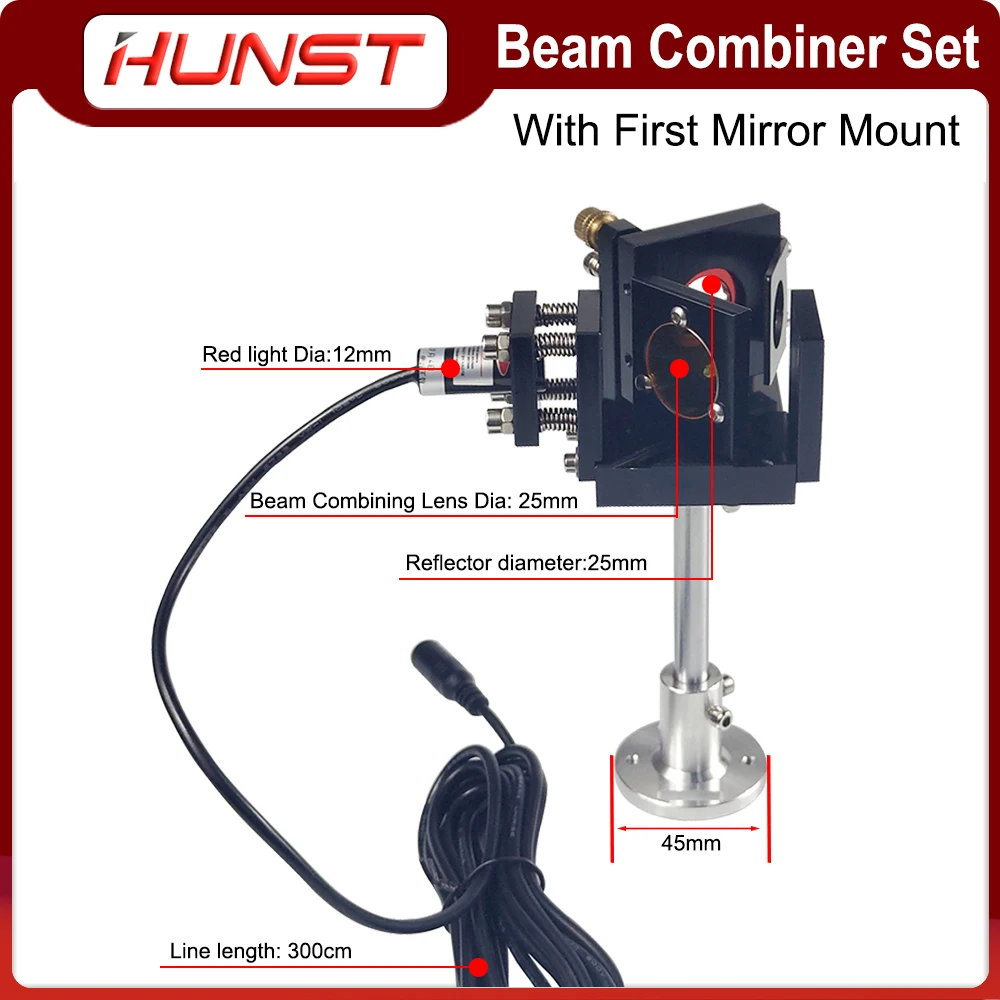 Juego de combinador de haz Hunst, combinador de haz láser de 25mm + soporte de espejo + puntero láser rojo para máquina cortadora de grabado láser CO2.