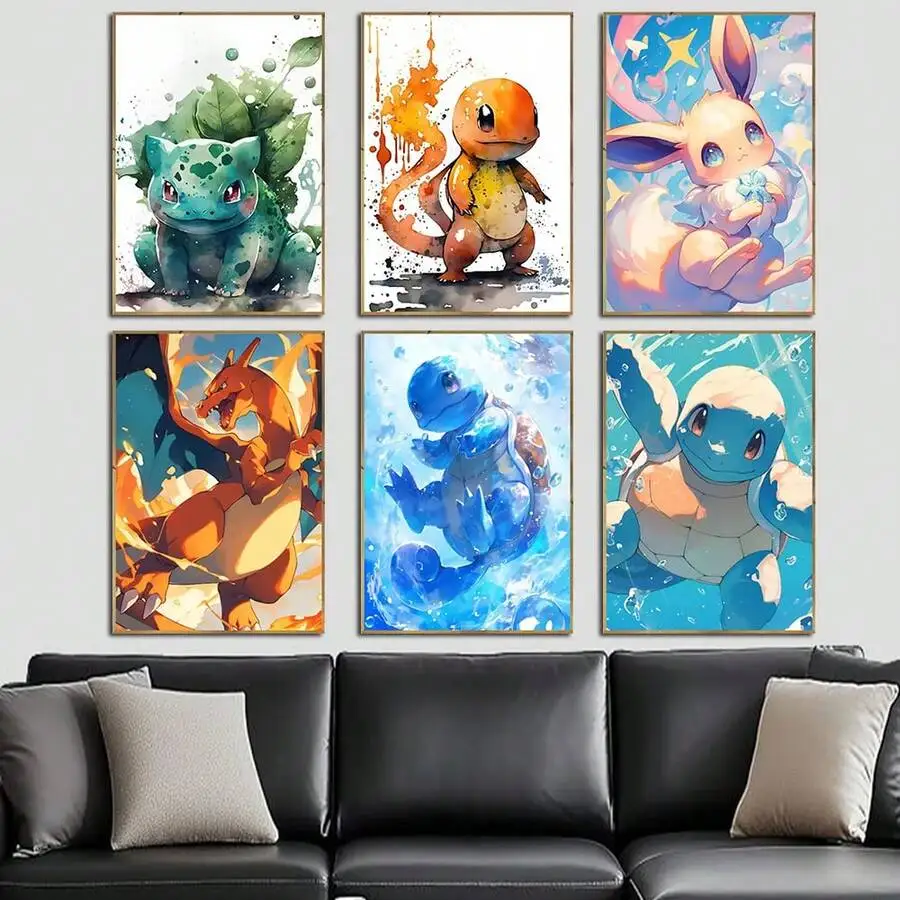 

Japanese Anime Pokemon Posters Wall Art Pikachu Bulbasaur Charmander Squirtle Modern Children Room Home Decoration Gift Unframed