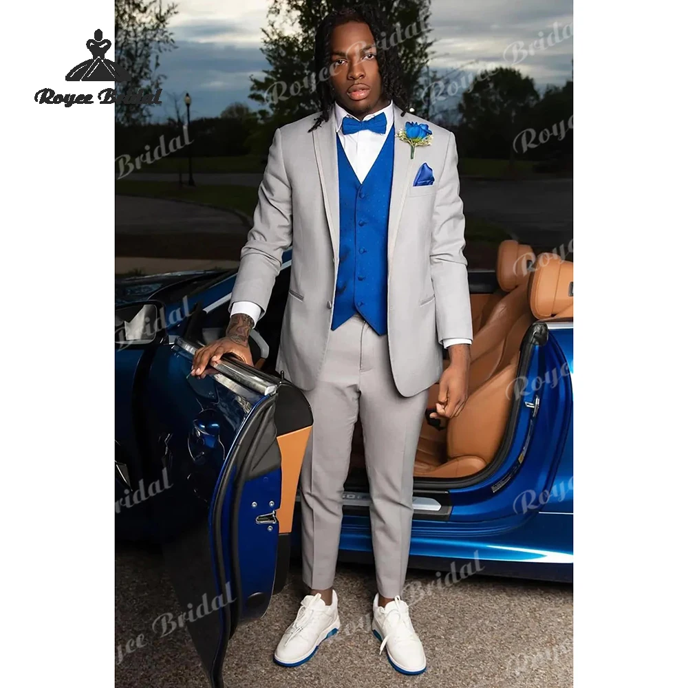 Elegant Notched Lapel Three Piece Single Breasted Wedding Men's Suits 2026 Solid Grey Business Prom Suits costume homme mariage