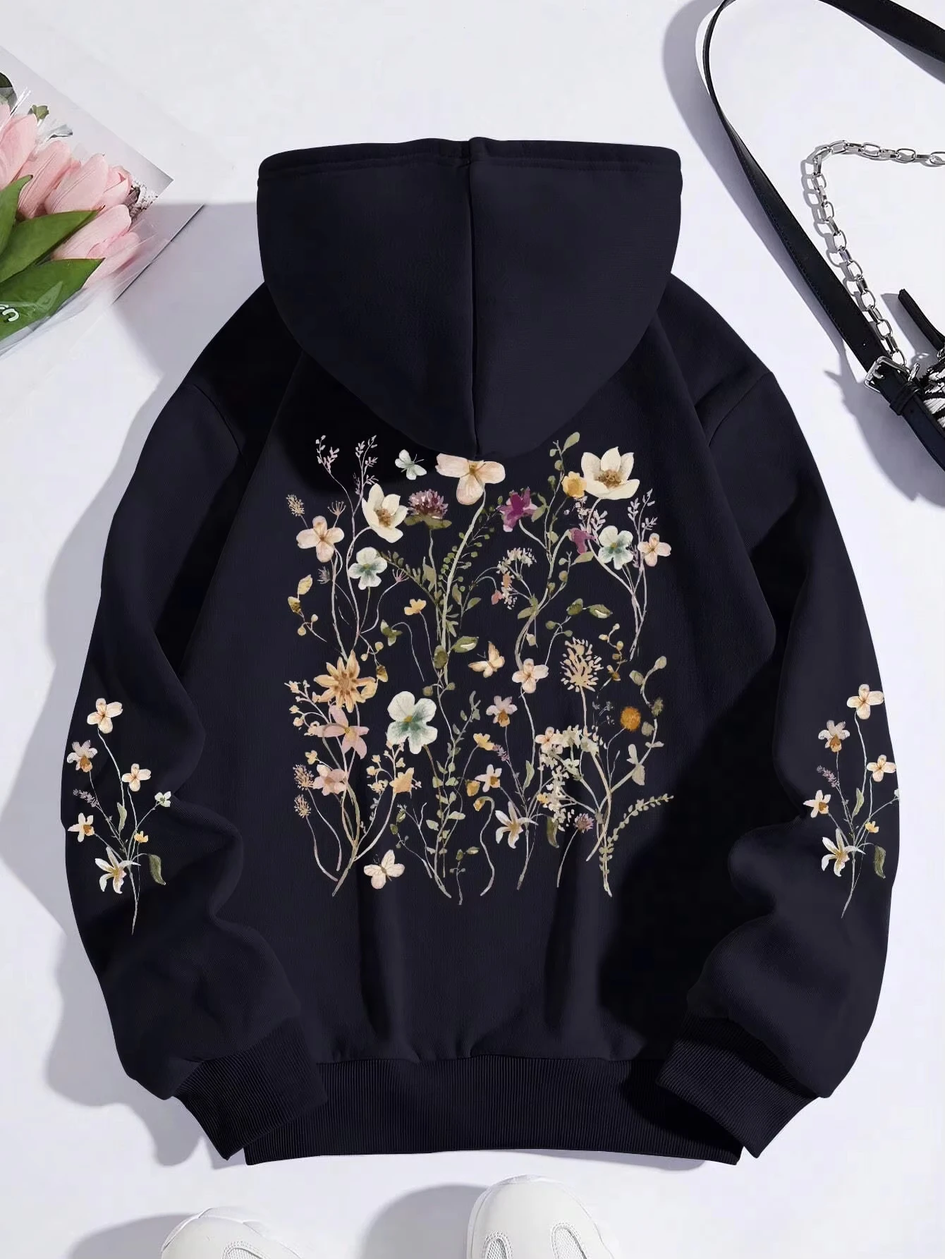 Colorful Flowers Printing Women Sweatshirt Harajuku Casual Sweatshirt Fashion Loose Hoodie Autumn Warm Vintage Fleece Woman Top