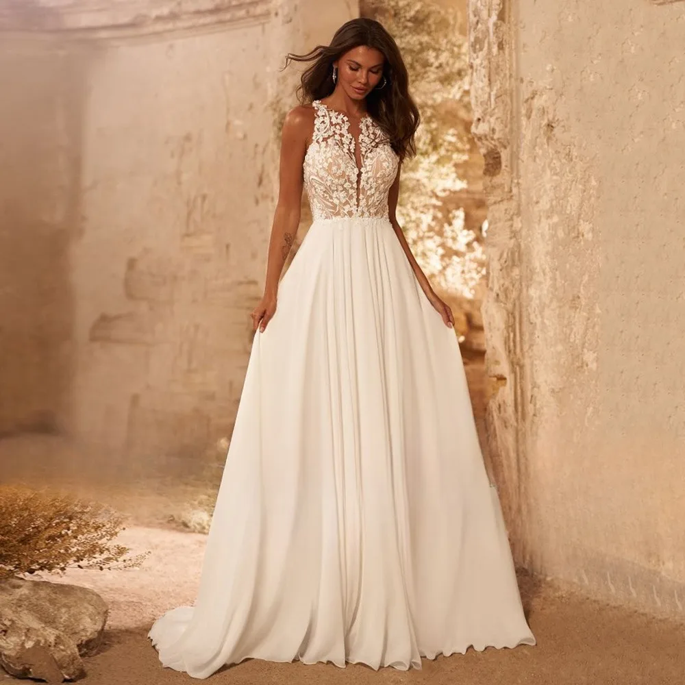 

Beach Wedding Dress O-neck Sleeveless See Appliques Illusion Back A Line Bridal Gown Summer Vestidos De Novia