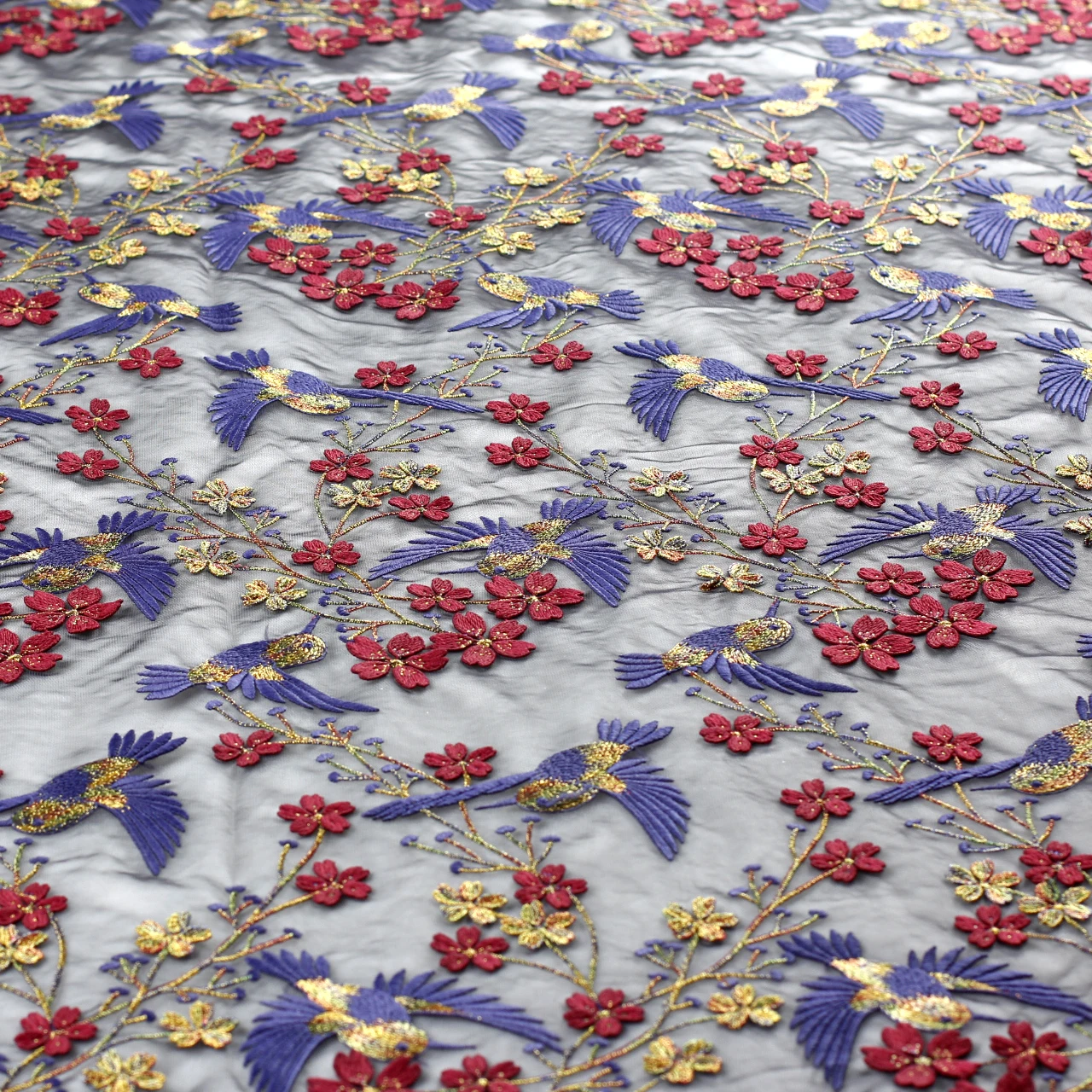 HelluyerDc mixed colors on Black tulle lace fabric, beautiful flowers,birds embroidery for prom dress for fashion designs