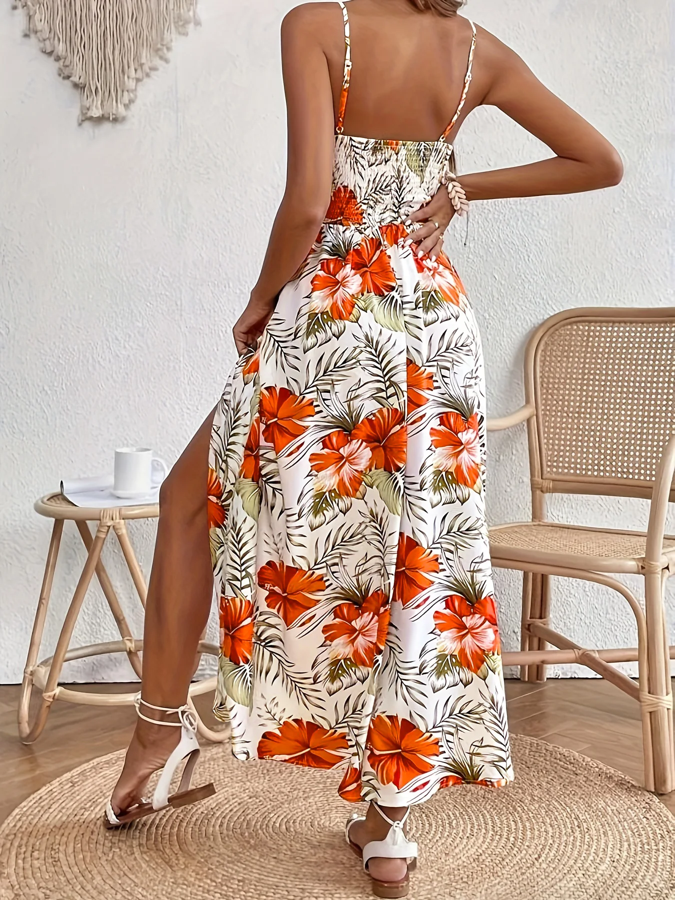 Women's Lace Patchwork Tropical Print Long Cami Dress, Elegant Slim-Fit Design, Perfect for Beach Vacation & Outing