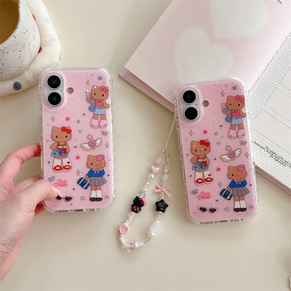 

New cute pink KT cat Hello Kitty with hanging chain suitable for iPhone 17 13, 14, 15, 16 Pro Max anti fall