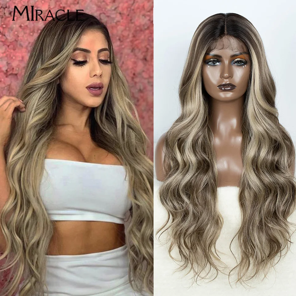 

MIRACLE Synthetic Lace Front Wig for Women 28 Inch Cosplay Wig Body Wave Fake Hair Ginger Highlight Blonde Wig Female Lace Wigs