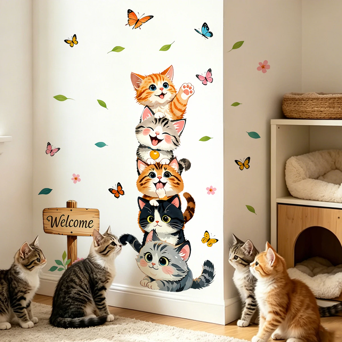 Niedliche Gestapelte Katzen Wandaufkleber, Abnehmbare Wasserdichte Vinyl-Wandtattoos, Cartoon-Kätzchen für Kinderzimmer Wohnzimmer Heim-Dekoration