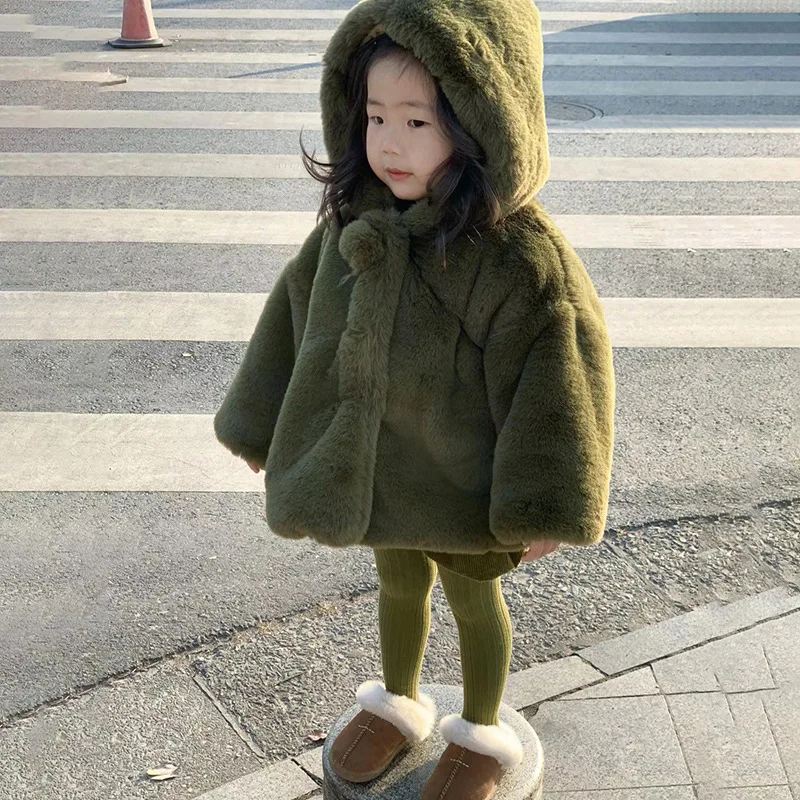 Winter Girls Children Faux Fur Hooded Coat Fashion Baby Girl Thicken Warm Plush Lining Hooded Jacket Kids Outerwear Clothes