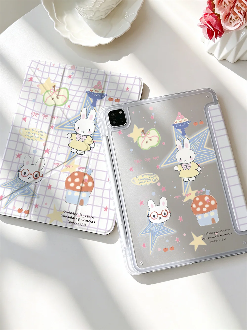 Kawaii Miffy Grid Star Print Crystal Clear Y-fold Double-sided Print Case For iPad Pro 11 Air4 Air5 10 Gen With Pencil Slot Shoc