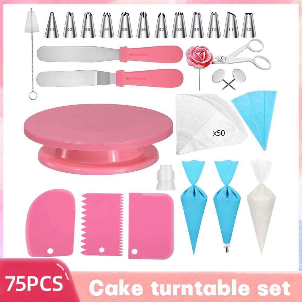 

75PCS Rotating Cake Decorating Turntable Piping Tip Set 50PCS Disposable Piping Bags Cake Cream Scraper Reusable Piping Bag