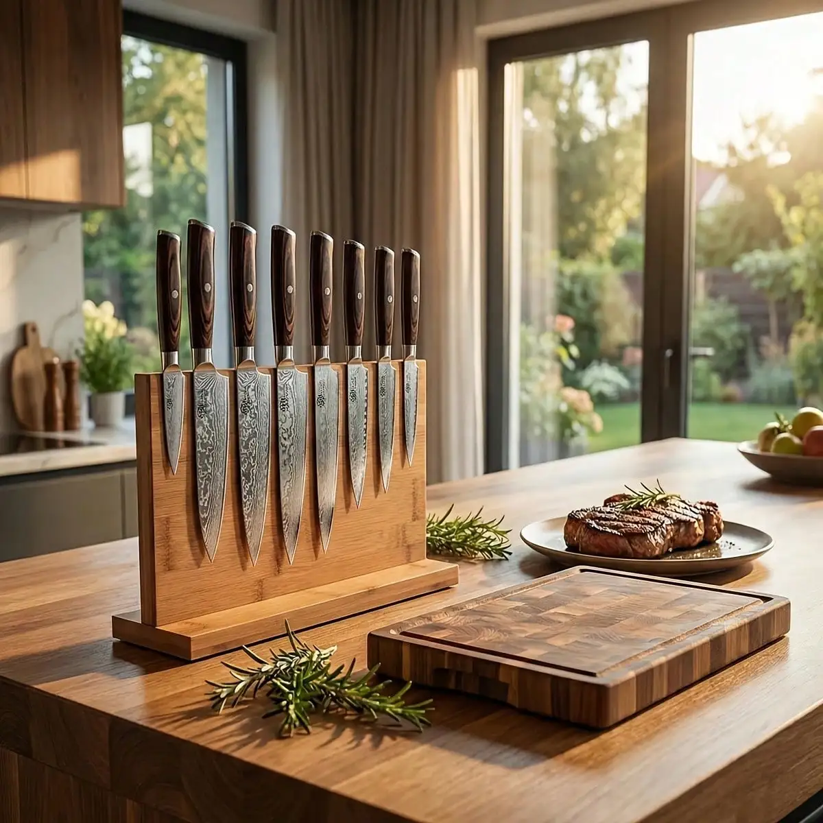 Bamboo Magnetic Knife Holder, Kitchen Organizer With Anti-Slip Base, Space-Saving Knife Storage,Easy-Clean Kitchen Knife Stand For Tidy Countertop