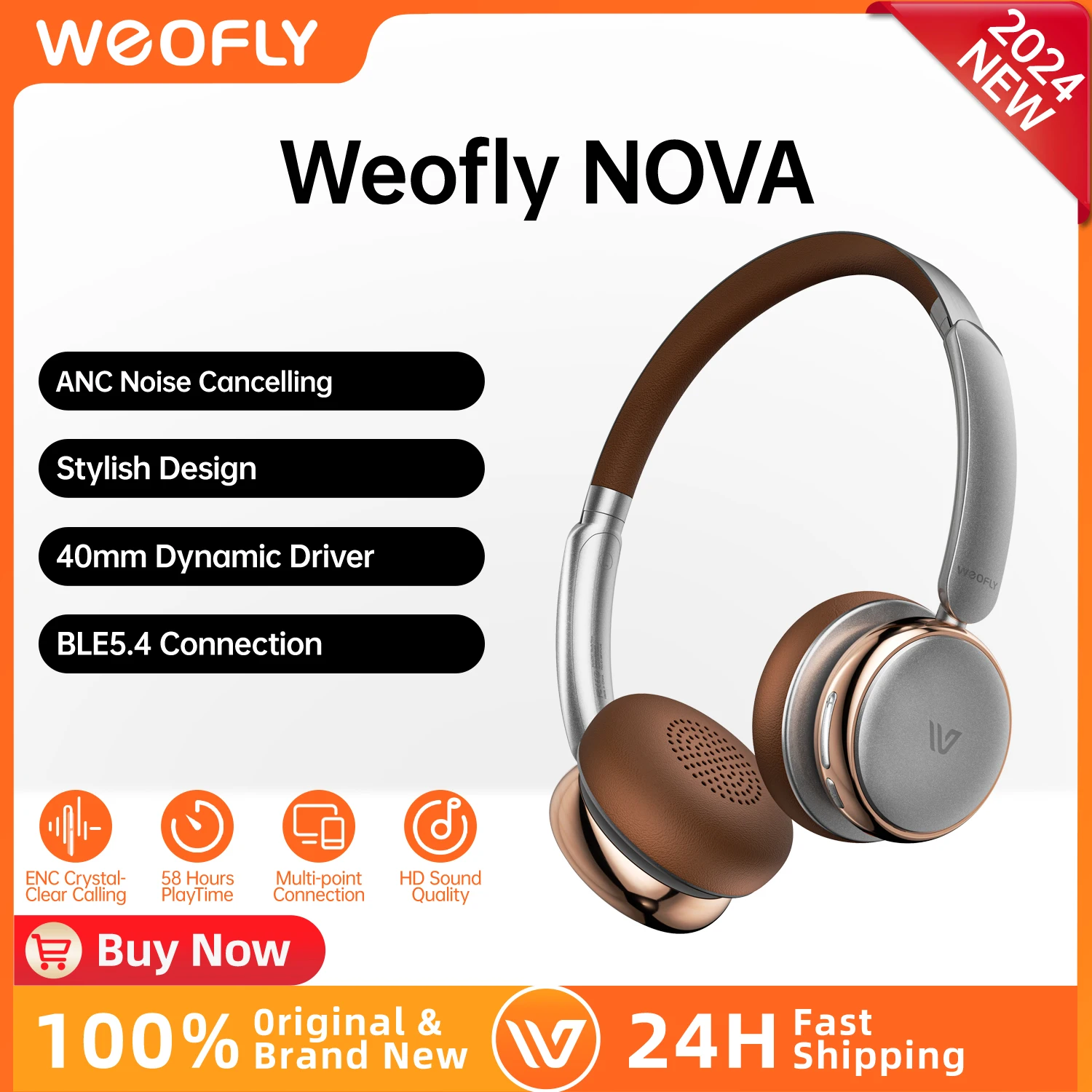 Weofly Nova Wireless Bluetooth 5.4 Headphone Hybrid Active Noise Cancelling 58H Playtime Over-ear Headphone multi-device compati