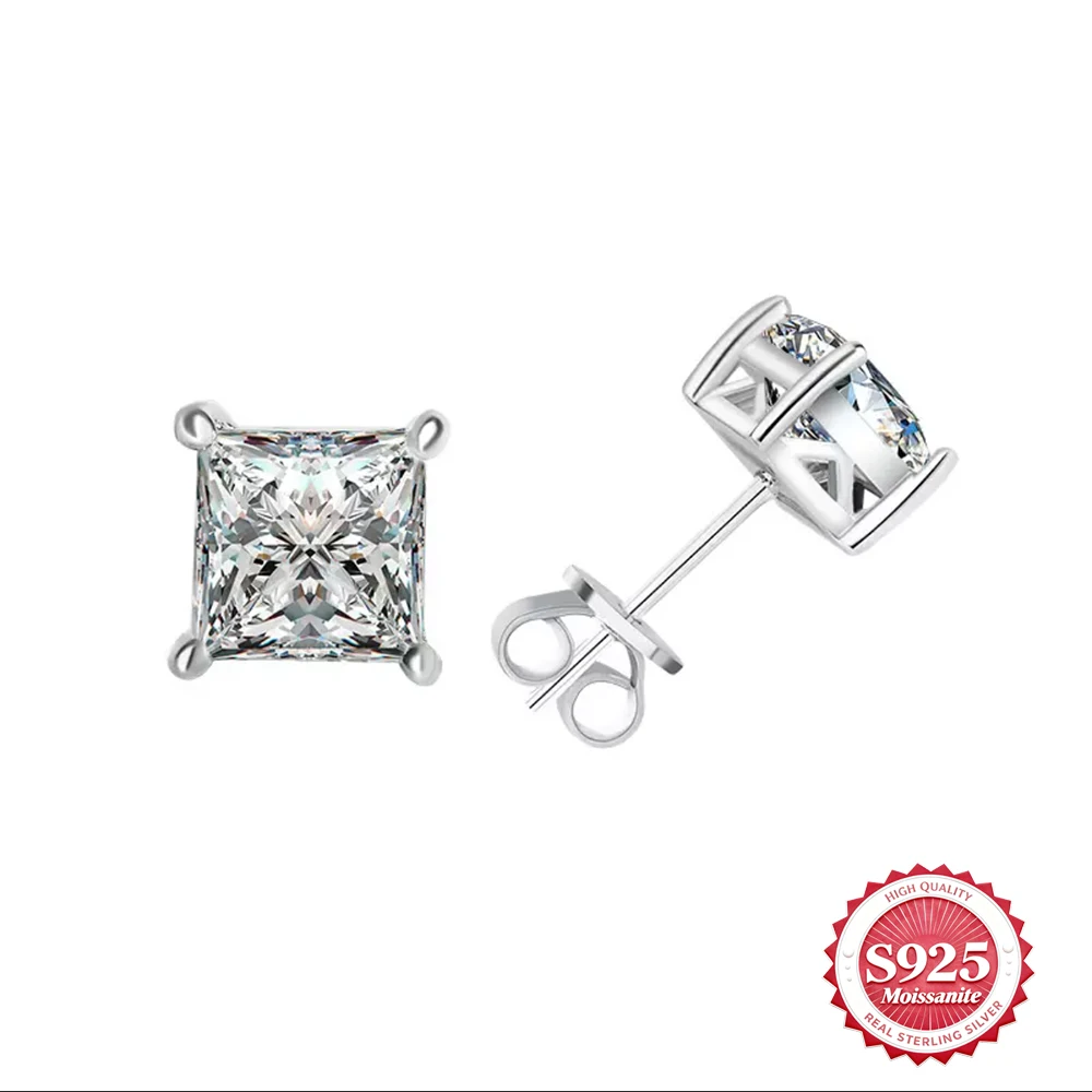 

D VVS Princess Cut Moissanite Earrings S925 Sterling Silver Synthetic Diamond Jewelry Birthday Anniversary Men Women Gift