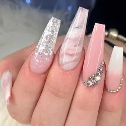 24 Pcs Glossy Long Coffin Press On Nails Pink Gradient Pattern False Nails With Rhinestone Glitter Manicure Reusable Fake Nails