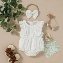 Baby Summer Cotton Sleeveless White Girl's Triangle Jumpsuit Preppy Style Clothes +Headwear