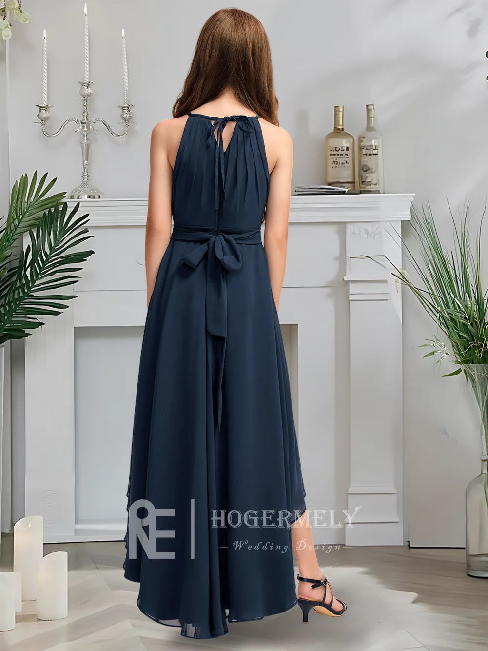 Luxuoso halter júnior vestido de dama de honra meia-noite marinha flor menina vestido assimétrico chiffon com arco em cascata plissados casamento